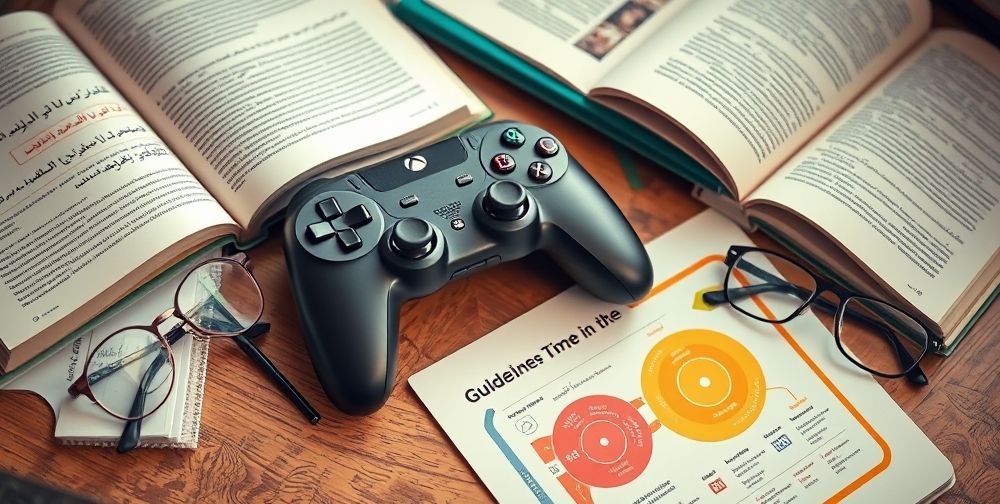 A close-up of a modern video game controller on a desk surrounded by Persian-language parenting books, a notebook, glasses, and a colorful educational infographic about screen time. Soft warm lighting, blending tradition and technology.