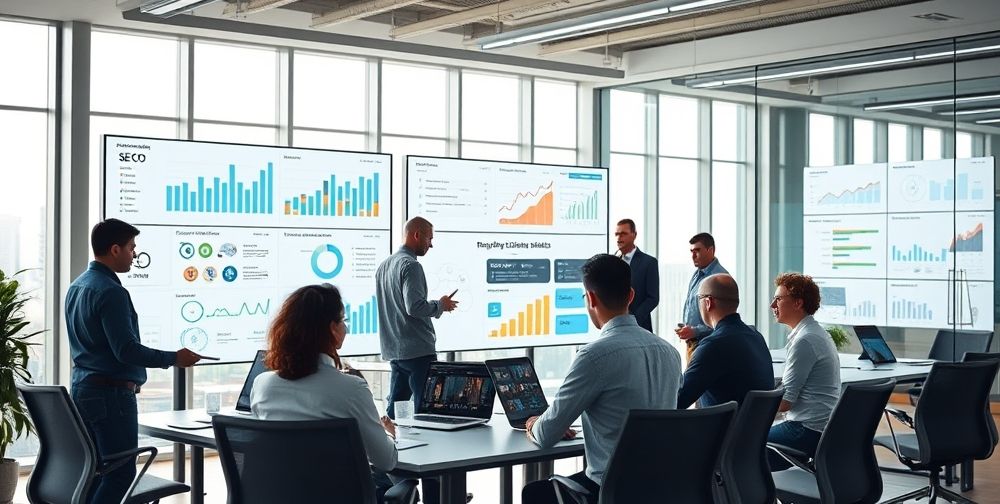 A modern data-driven office, digital marketers collaborating over large screens showing SEO analytics dashboards, AI data models, keyword graphs, and competitive analysis charts. Focus on dynamic teamwork and technology integration.