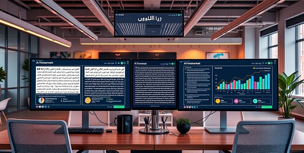 A creative workspace with AI-powered tools generating Persian text. Screens show side-by-side comparison of outdated vs. optimized content, color-coded SEO suggestions, and user engagement charts. Modern, inviting atmosphere.