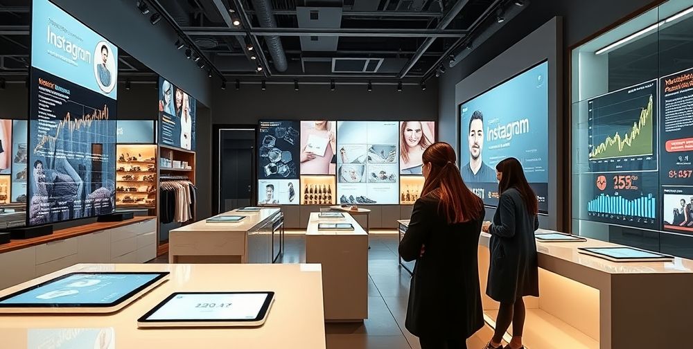 Modern Persian Instagram store interior featuring smart tablets on counters, dynamic sales charts on digital walls, and store staff reviewing AI-driven product insights in a stylish, contemporary retail environment.