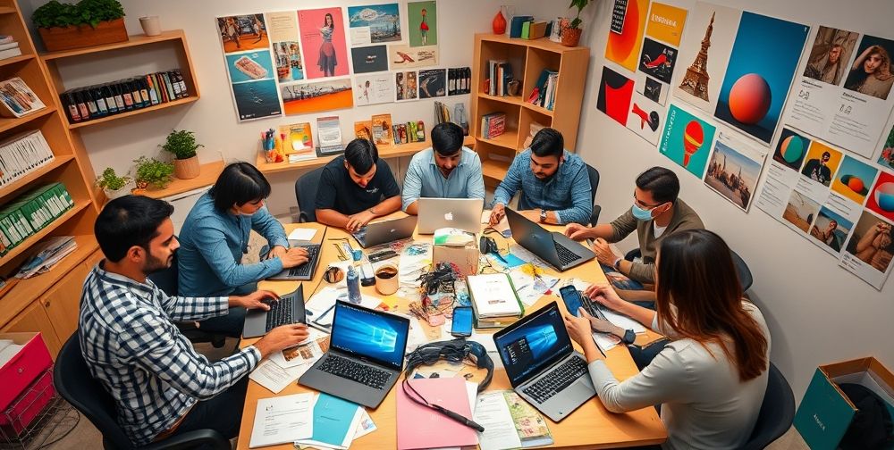 An engaging behind-the-scenes look into an Iranian Insta-shop team, using laptops and smartphones, collaborating around a table littered with product prototypes, AI printouts, and colorful trend boards.