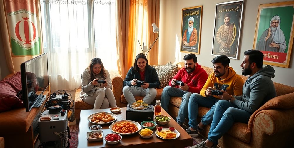 A cozy Persian living room in Tehran around 2024, with a group of young Iranian gamers playing on a cutting-edge gaming console, snacks on the table, walls decorated with Iranian posters, daylight streaming through the window, a sense of camaraderie and excitement.
