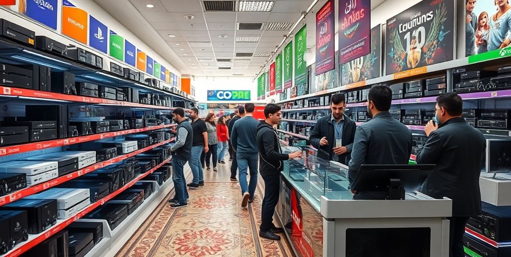 A bustling Iranian tech retail shop with shelves packed with the latest gaming consoles from PlayStation, Xbox, and Nintendo, young Iranians comparing models, staff providing advice, elegant Persian tile work on the floors, a modern digital checkout counter, and banners celebrating exclusive game releases.