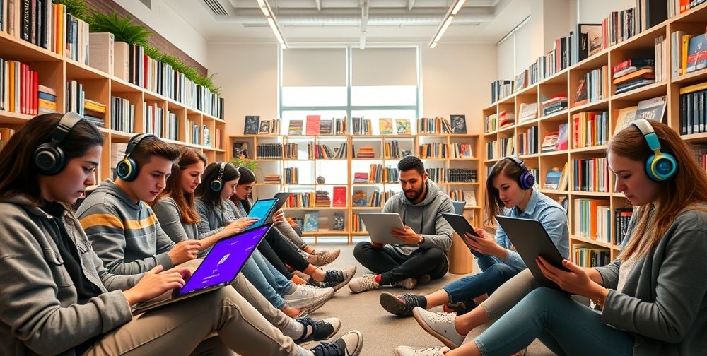A modern, well-lit study environment with young adults using laptops, tablets, and headphones while interacting with language learning applications on vibrant screens. Shelves with international novels and digital voice assistants highlight a blend of technology and language.