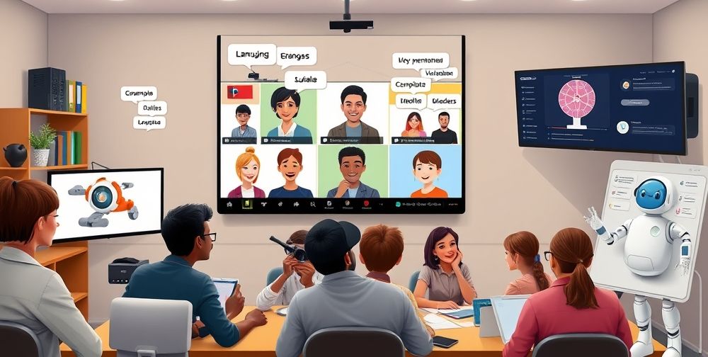 A lively online classroom scene with diverse students participating in a live video language session, interactive chat bubbles showing multiple languages, and a virtual whiteboard displaying vocabulary and grammar notes. Background screens illustrate AI-powered translation tools and animated chatbots guiding learners.