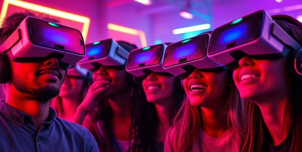 Immersive virtual reality gaming scene: a diverse group wearing VR headsets, deeply engaged, neon lights reflecting on their faces, simulated fantasy environment with vibrant colors, intense emotional expressions.