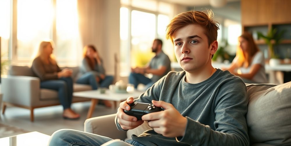 A thoughtful teenager sitting in a modern living room, holding a game controller, sunlight streaming through the window, hint of concern on face, family members visible in the background engaged in conversation.