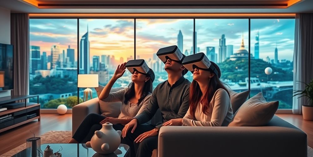 A modern living room scene with a Persian family wearing sleek VR headsets, marveling at a vividly lifelike virtual world floating around them; dynamic cityscape, nature, and fantasy elements subtly blended.