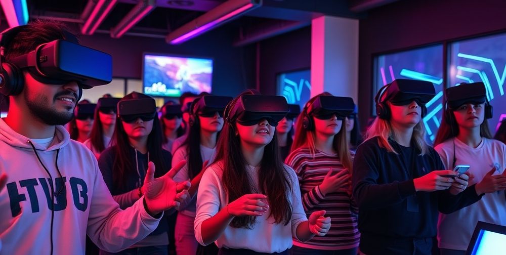 An energetic indoor VR arcade in Tehran: diverse group of Iranian teens and adults, each immersed in a different VR game—intense zombies, mountain climbing, futuristic sports—under vibrant neon lights.