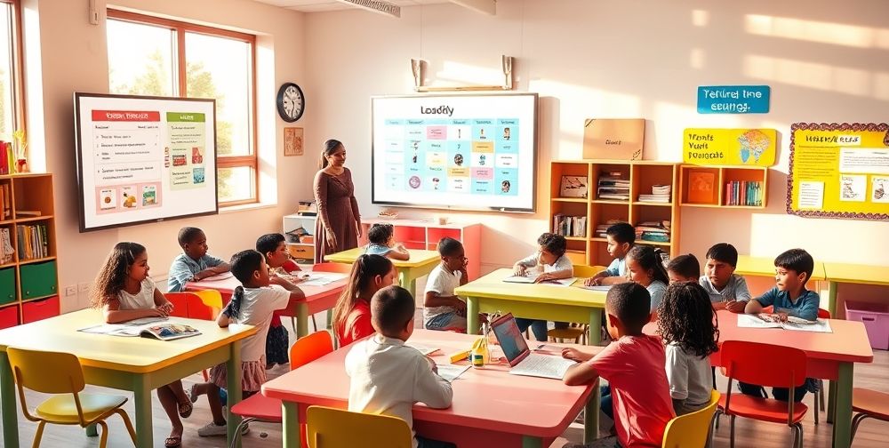A modern classroom scene in an elementary school: diverse students working on group assignments around colorful desks, a teacher displaying a weekly lesson plan on a smart board, sunlight streaming through large windows, and learning posters on the walls emphasizing time management and collaboration.