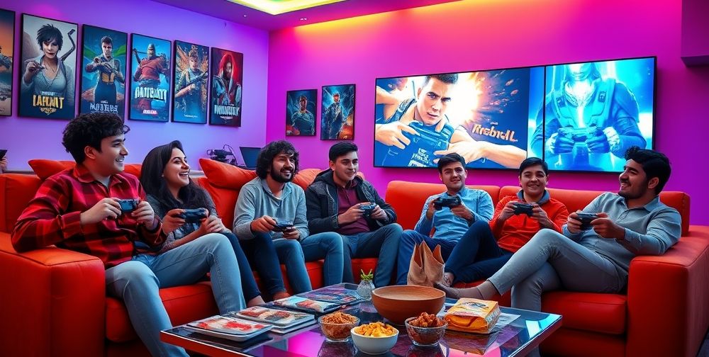 A group of Persian teenagers sitting in a colorful, modern living room, each with a gaming controller in hand, laughing and focusing on a large screen. Posters of popular games line the walls, and snacks are scattered on a table.