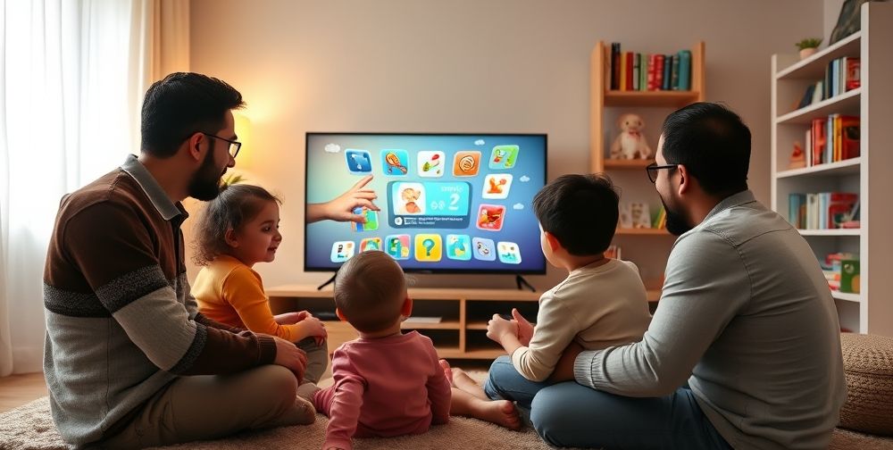 An Iranian family gathered around a modern flat-screen TV, young children and parents playing a cooperative educational video game together. The room is warm and cozy, books and educational toys visible on nearby shelves.