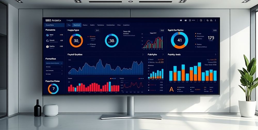 A data-rich dashboard on a large screen showing advanced SEO analytics powered by AI, with clear Persian labels, keyword clusters, and charts comparing a website’s performance to its competitors, all set in a professional Iranian office atmosphere.