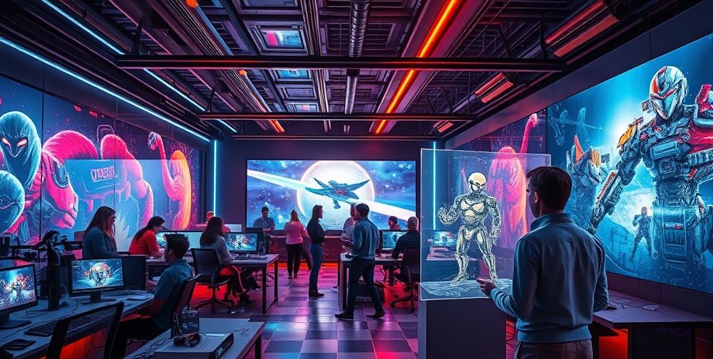 A futuristic game development studio where AI-powered screens display endless creative game worlds, developers collaborating seamlessly, and an AI assistant sketching new character concepts on a holographic board.