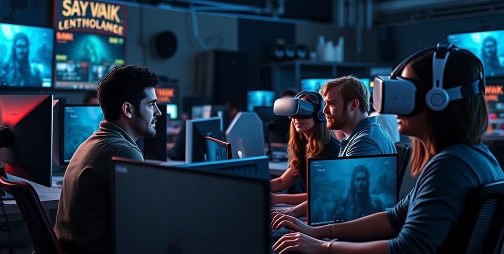An intense game studio scenario: developers discussing the ethical implications of using powerful AI to generate believable NPCs, while players try immersive storytelling VR headsets, highlighting both promise and ethical concerns.