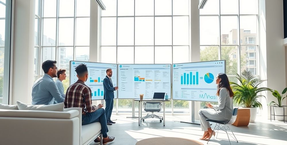 A modern open-plan office where diverse project managers discuss digital dashboards filled with project timelines, AI-powered analytics widgets, and automated task notifications. Bright natural light, relaxed yet focused atmosphere.