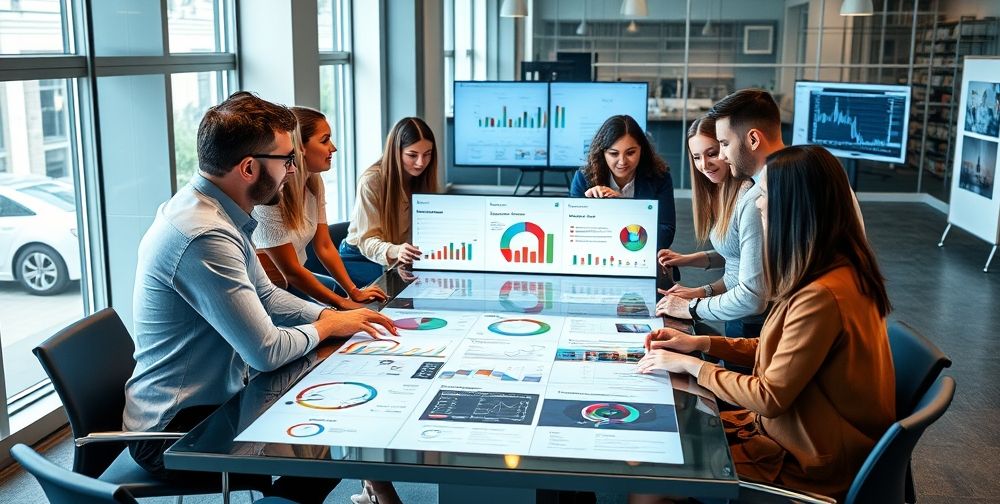 A group of project team members gathered around an interactive touchscreen table, reviewing real-time project progress visualizations, AI-generated risk analysis charts, and project health metrics. Modern office setting, efficient teamwork, and clarity.