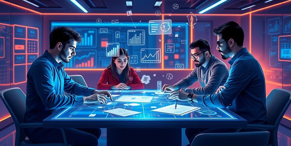An illustration of a futuristic Persian tech team collaborating around a digital table, integrating AI-driven SEO data and market analysis with human creativity, notes, and sketches, reflecting synergy between AI and experts.