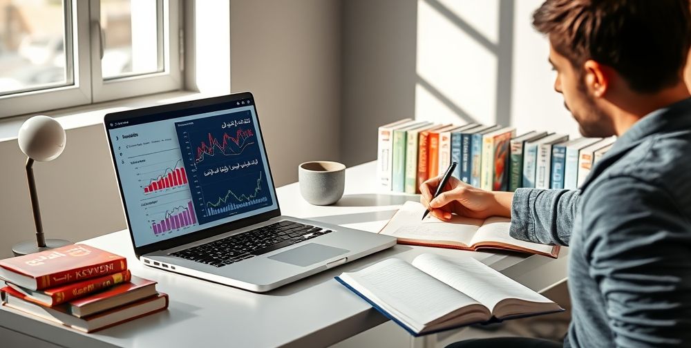 A modern workspace featuring a laptop running an AI keyword analysis tool, Persian text on screen, data visualizations of search trends, and a marketer taking notes alongside Persian books about digital marketing and SEO.