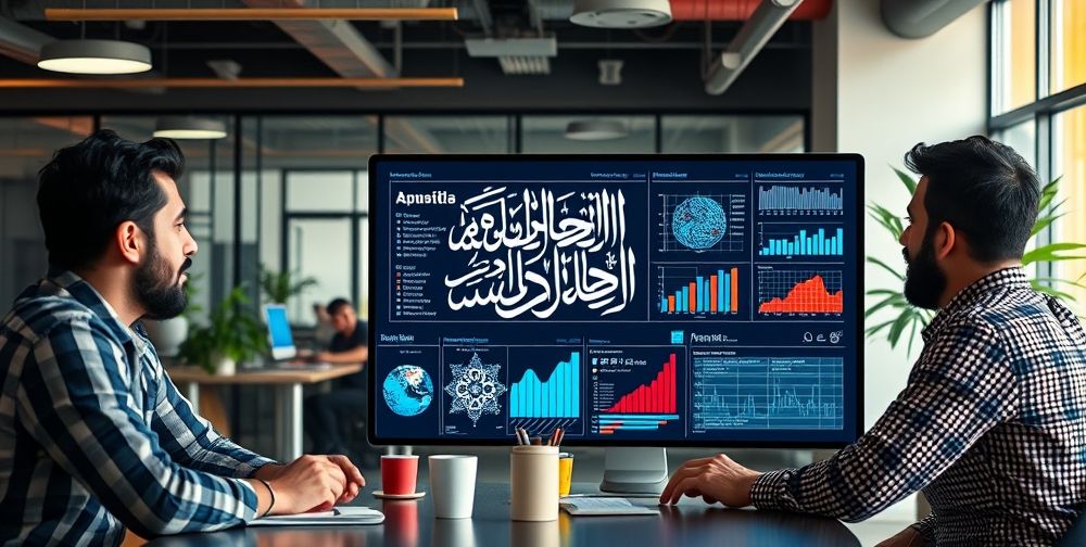 A creative Persian digital marketing team in a meeting, one member presenting AI keyword research results on a big interactive screen, combining traditional Persian calligraphy and modern data charts, lively collaborative atmosphere.