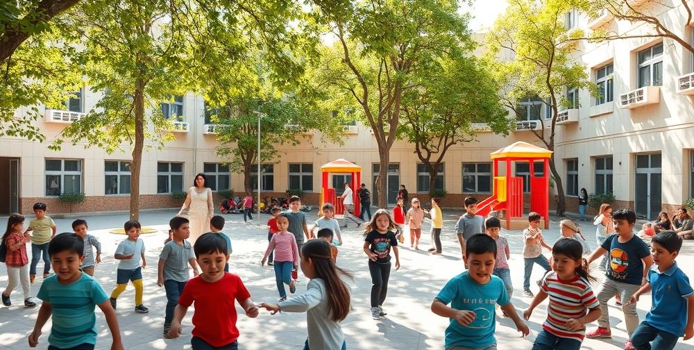 A lively elementary school playground in Tehran, with students playing football and jump rope, shaded trees, bright colored play equipment, and attentive teachers supervising. Laughter and relaxed faces show a balance of study and fun.