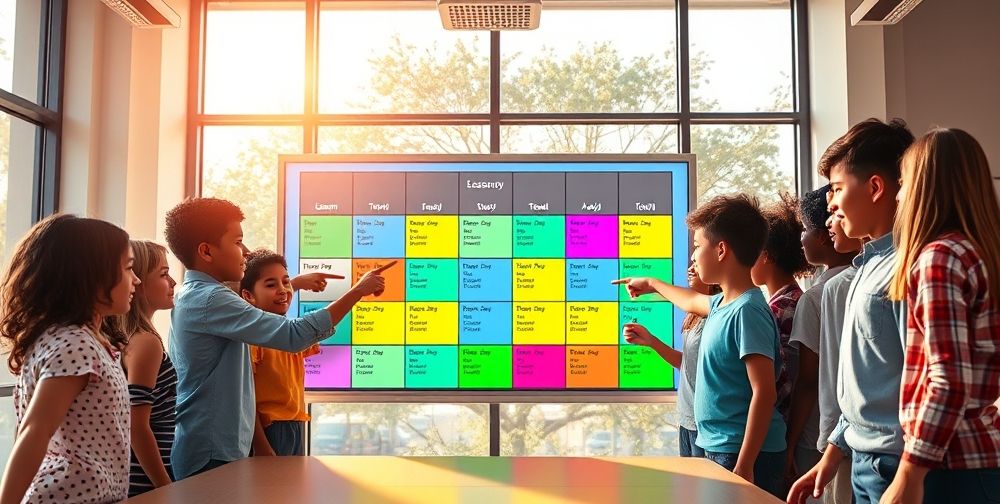 A modern school scheduling board in a classroom, showing colorful blocks for lessons, scheduled breaks, exercise time and creative activity periods, with multi-ethnic students pointing at their favorite break times, sunlight streaming through wide windows.