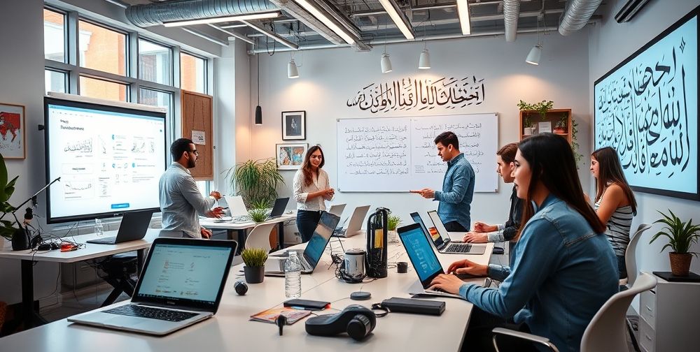 A creative workshop inside a Persian tech startup, where young designers and engineers brainstorm with virtual assistants and AI-generated product prototypes on laptops and digital whiteboards, surrounded by innovative tools and Persian calligraphy inspiring ideas.