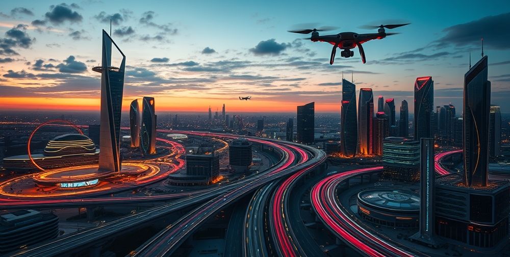 A visionary Persian cityscape at dusk with futuristic buildings, illuminated roads, and AI-powered drones flying, symbolizing innovation and competitive advantage in technology-driven economies.