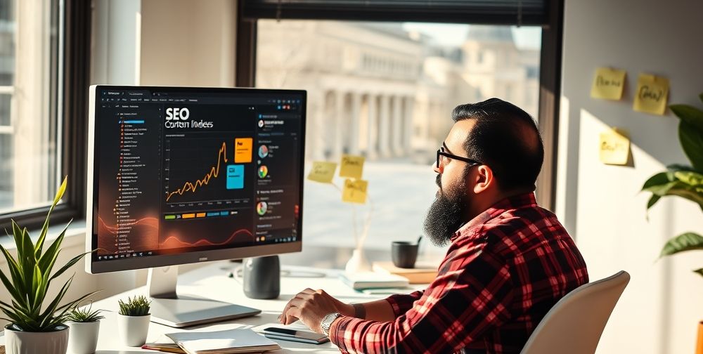 A modern office setting where a Persian content writer is brainstorming content ideas in front of a computer displaying an SEO analytics dashboard, with AI-powered software suggestions visible on the screen. Natural sunlight comes through the window, and post-its with Farsi keywords are stuck around the monitor.