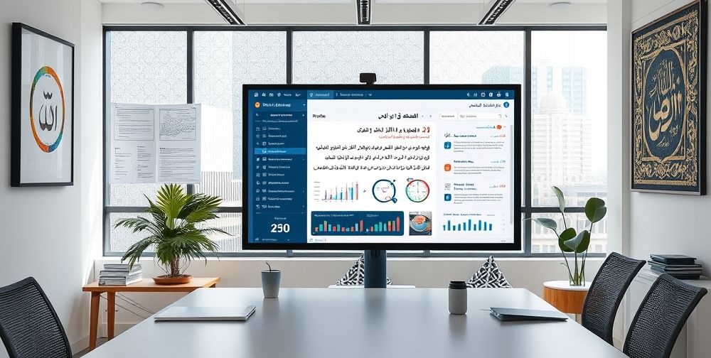 A creative workspace showing an AI-powered content editing interface in Farsi on a large monitor, surrounded by workflow diagrams, SEO scores, and content revision notes in Persian. Decorative elements like Persian calligraphy art give the room a local professional touch.