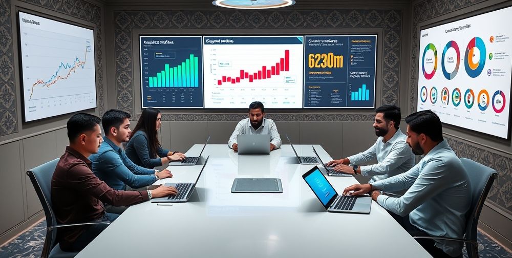 A team of Iranian digital marketers collaboratively discussing SEO content strategy at a conference table with open laptops, charts showing organic traffic growth, and colorful infographics about AI content trends on the wall. Modern Persian design motifs enhance the workspace, reflecting both innovation and cultural identity.