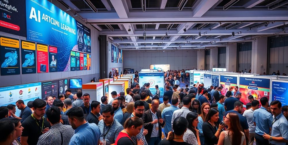 A vibrant Iranian conference hall, filled with men and women tech professionals discussing AI solutions, posters about machine learning, Python, TensorFlow, networking at exhibition booths.