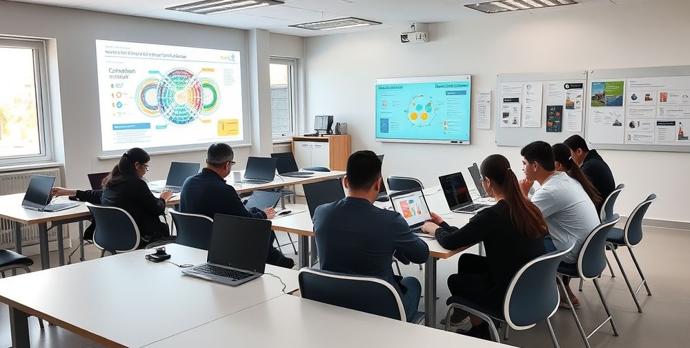 A modern Iranian university classroom where students are collaborating around laptops, coding, and presenting AI-powered projects on a smart board, surrounded by diagrams and learning materials.