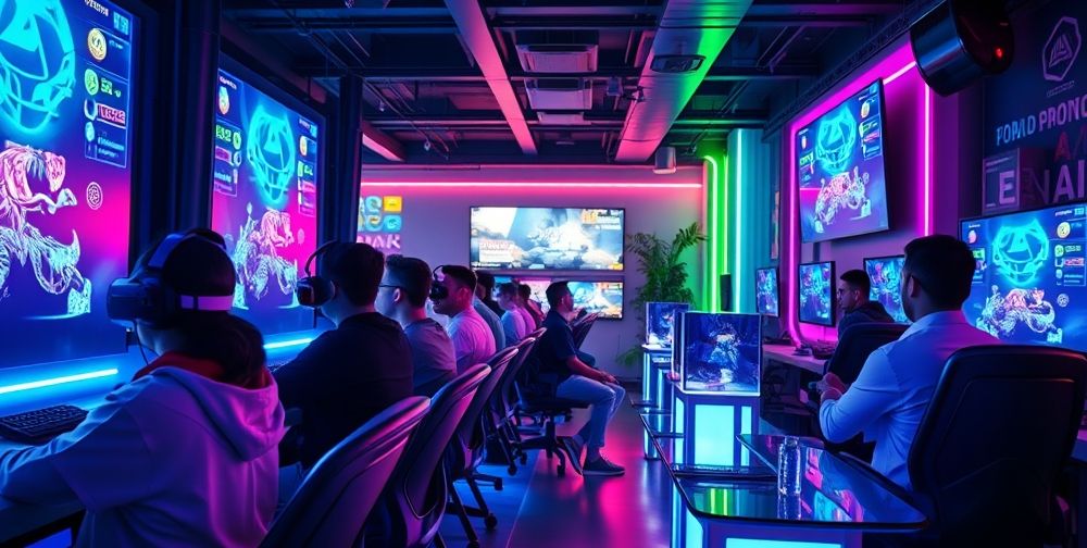 A futuristic gaming cafe with young men and women playing various VR and AR games, vibrant neon lights, monitors showing real-time esports tournaments, digital tokens and cryptocurrency logos on screens, atmosphere of excitement and innovation.