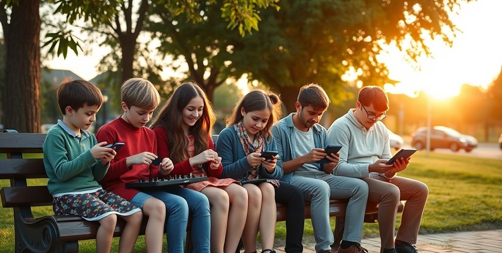 A hopeful scene showing children, teenagers, and adults of diverse backgrounds sitting together on a bench in a park, each interacting with different types of games—from classic board games and chess to handheld digital devices and futuristic AR glasses—sunset glow and a sense of harmony and future possibilities.