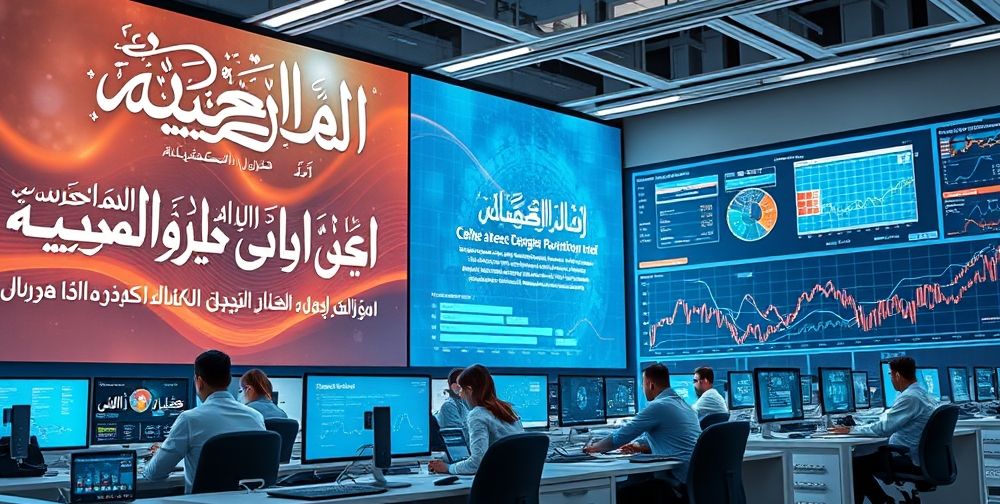 A modern Persian AI laboratory showing Persian script text on large screens, diverse researchers using computers, and vibrant data visualizations representing Persian language text analytics.