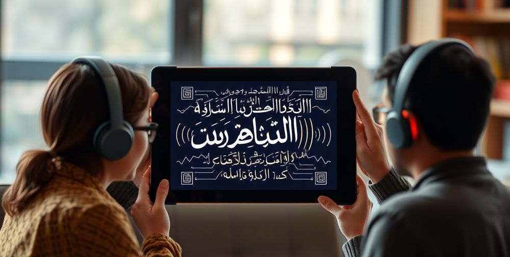 A tablet displaying Farsi text alongside audio waveforms, surrounded by visually impaired users listening through headphones, illustrating inclusive AI-powered access to Persian digital content.