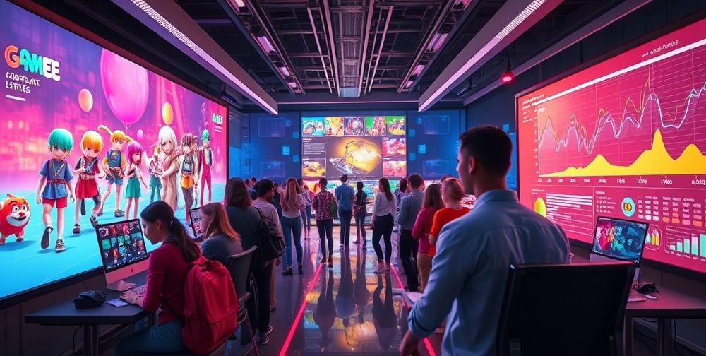 A dynamic scene inside a modern digital game studio showing UX designers collaborating with AI algorithms on giant screens. Characters from multiple popular games walk through a virtual user testing lab as AI-generated heatmaps and interaction charts glow vividly on interactive dashboards.