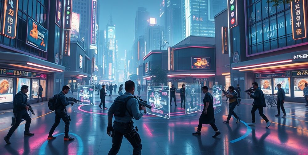 An immersive 3D game environment showing players interacting with lifelike AI-controlled NPCs in a futuristic city square. Transparent UI overlays display personalized in-game missions and adaptive difficulty settings, highlighting real-time AI decision-making that responds to each player’s unique style.