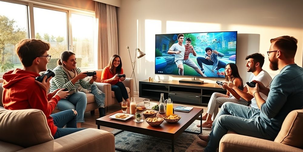 A modern family room with teenagers and adults gathered around a large TV, each holding wireless controllers, laughing and focused as they compete in a colorful multiplayer video game. The setting is cozy, with contemporary décor, snacks on a coffee table, and natural sunlight streaming in.