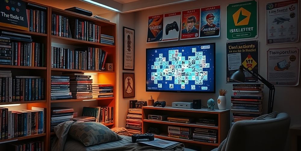 A cozy teenager’s room, shelves stacked with popular console game boxes and learning guides, a big screen showing a puzzle-based educational game in progress, soft LED lighting, and educational posters about video game history and languages on the walls.