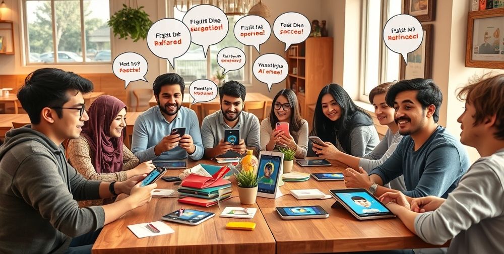 A group of young Iranians in a cozy cafe, practicing English and Farsi with animated AI avatars on their smartphones and tablets. The scene reflects a relaxed, collaborative atmosphere filled with laughter, dynamic chat bubbles, and colorful learning aids.