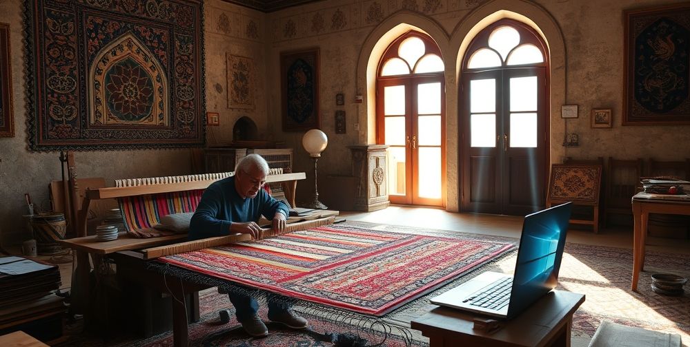 A Persian artisan weaving a colorful carpet in a traditional workshop, surrounded by modern digital design tools and a sleek laptop displaying AI-generated patterns. Daylight streams through arched windows.