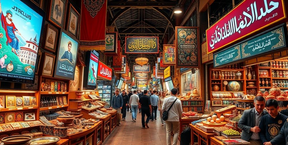 A lively scene showing various Persian handicrafts—miniature paintings, pottery, inlaid boxes—arranged on tech-enabled market stalls. Screens display real-time sales stats and AI-driven customer reviews, with Persian calligraphy décor.