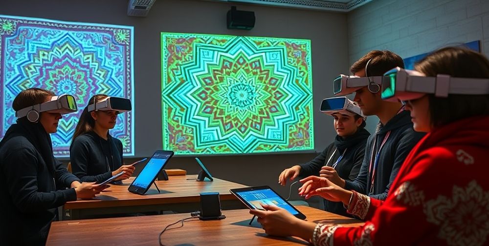 A classroom setting with young Iranian apprentices using tablets and AR headsets to learn traditional handiwork techniques from a virtual master, ancient Persian patterns projected in the background.