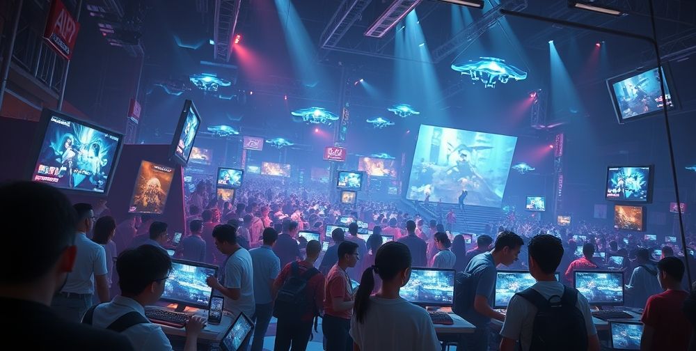 A next-generation gaming environment showing players immersed in gameplay, with reactive NPCs and detailed ambience, illuminated screens, and subtle holographic UI elements, highlighting the influence of artificial intelligence in creating a dynamic interactive world.