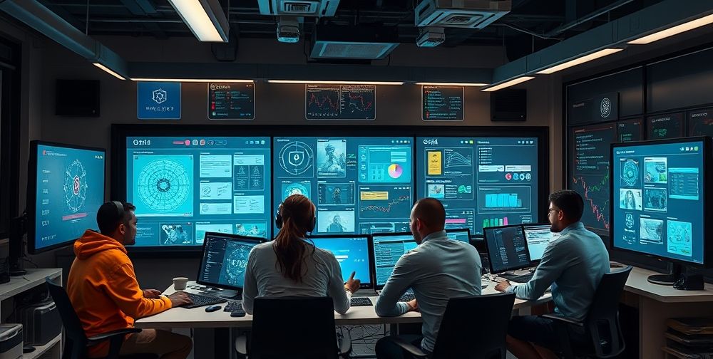 A team of diverse game developers in a high-tech studio, brainstorming around digital screens displaying AI protocols, UX flows, and real-time player data analytics, surrounded by concept art and prototypes reflecting future games.