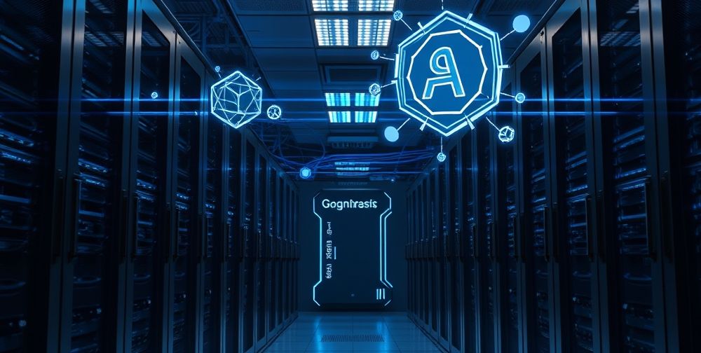 A modern server room filled with racks of servers, glowing data cables, and floating translucent AI icons, symbolizing machine learning in action to optimize search engines. The scene conveys advanced technology and efficiency.