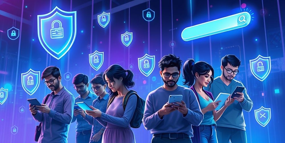 A stylized illustration showing a diverse group of people interacting with digital devices, data privacy shields, and floating search bars, highlighting both the benefits and the complexity of AI-driven search optimization.