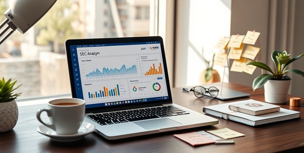 A modern workspace with a laptop displaying Persian SEO analytics dashboards, side-by-side with notes about AI content strategies and a cup of coffee. There are sticky notes in Persian highlighting keyword research, and natural light streams through a window, evoking creativity and focus.